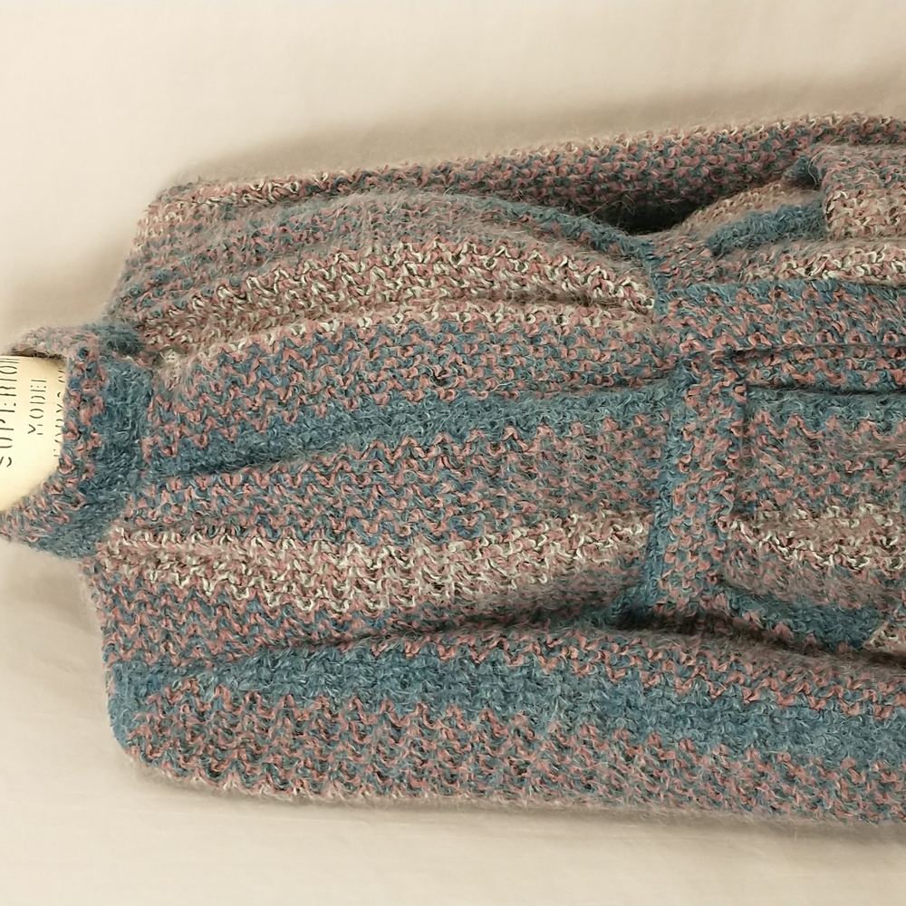 Vintage 80s Coat Woven Mohair Look Mauve & Blue Belted  by Coatree - Picture 2 of 13
